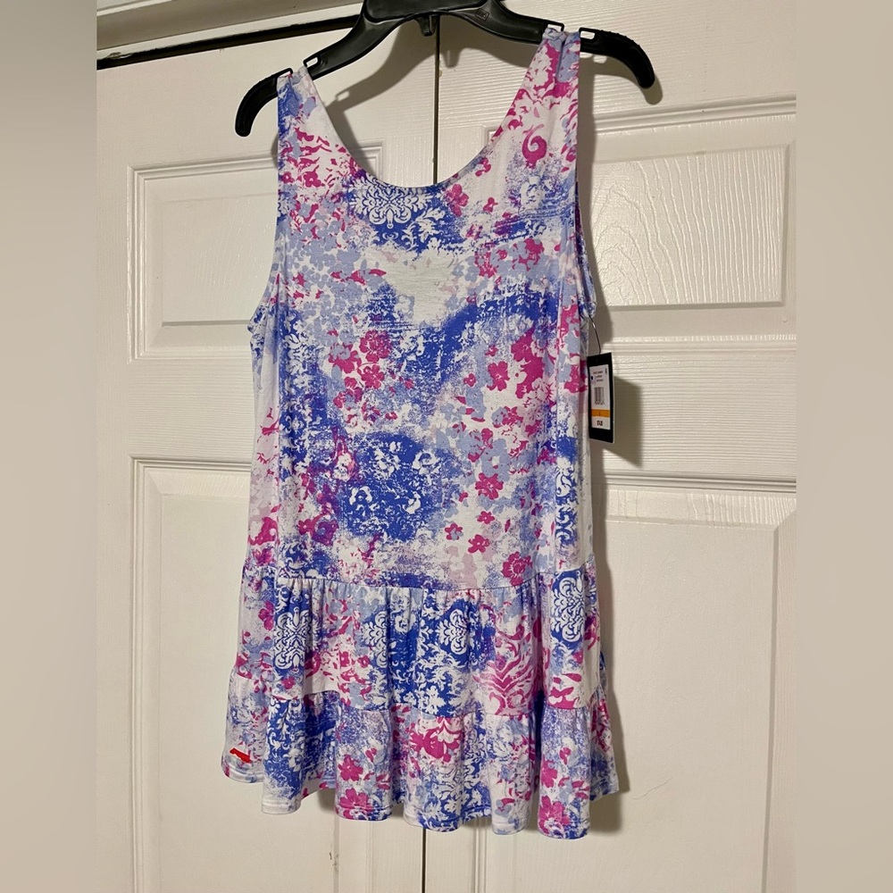 🆕 Ellen Tracy Cobalt Blue & Pink Sleeveless Ruffle Hem Top - Size S